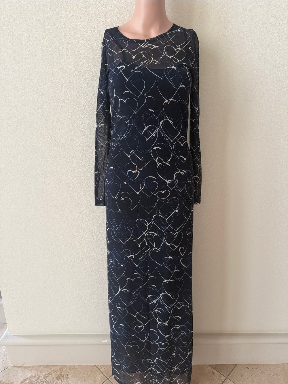 MOSCHINO Long Sleeve Navy Heart Print Maxi Dress  , Size 6